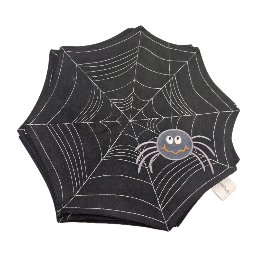 Four Halloween Black Fabric Embroidered Spider Web Placemats 17" Barely Used